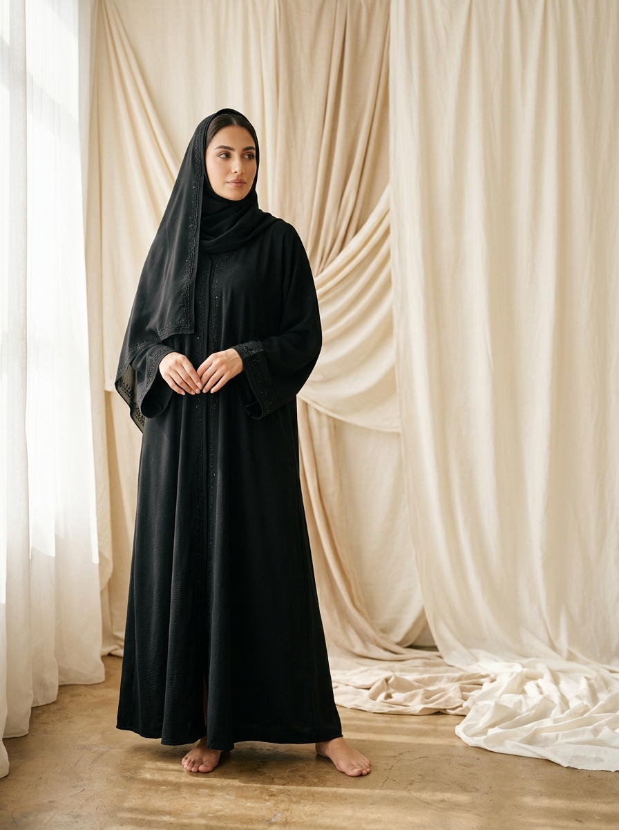 Elegant flowing black abaya in natural light